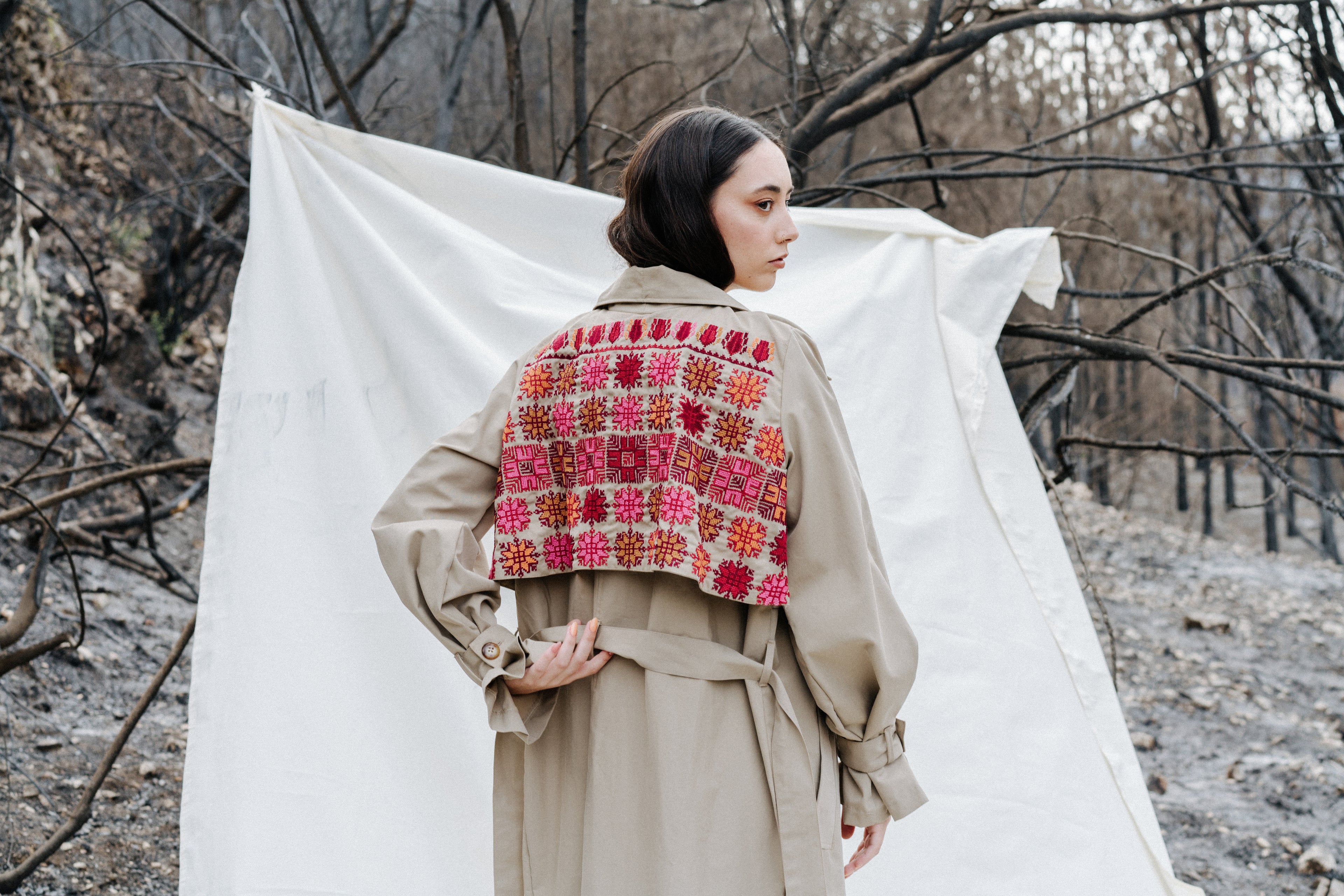 Cotton trench coat  Hand made embroidery on the back