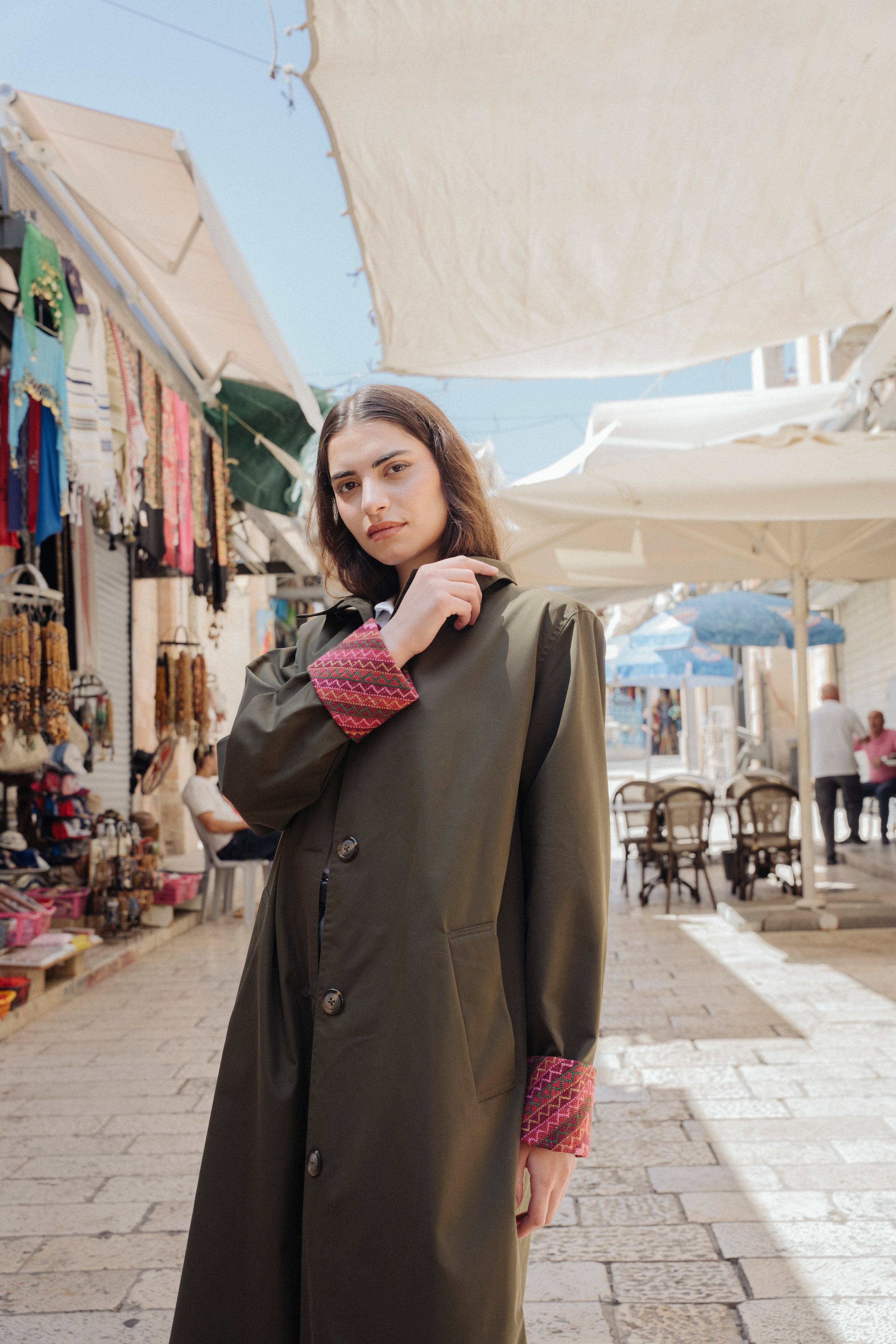 cotton trench coat with hand embroidery on the sleeves