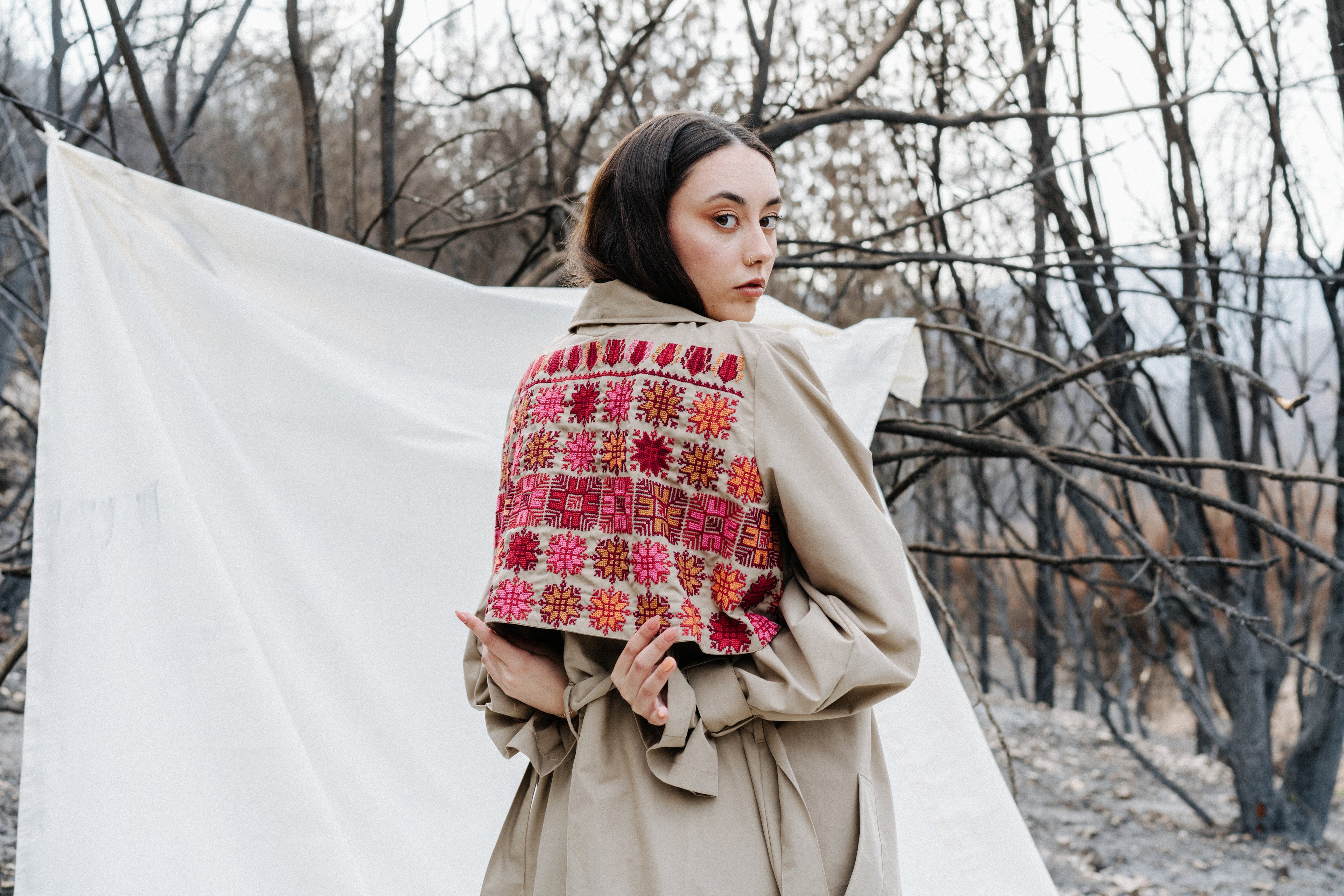 Cotton trench coat  Hand made embroidery on the back