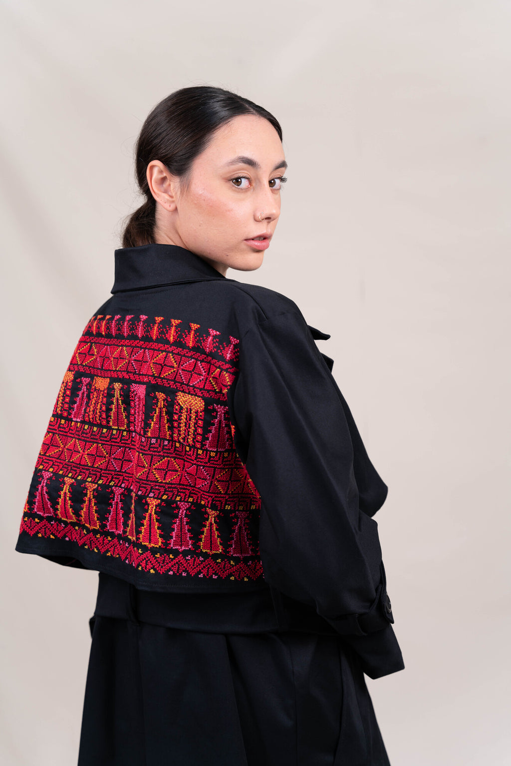 Cotton trench coat  Hand made embroidery on the back